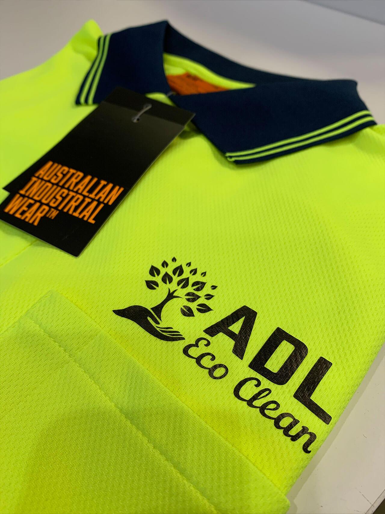 ADL Eco Clean branding on hi viz workwear using digital Heat Transfer printing