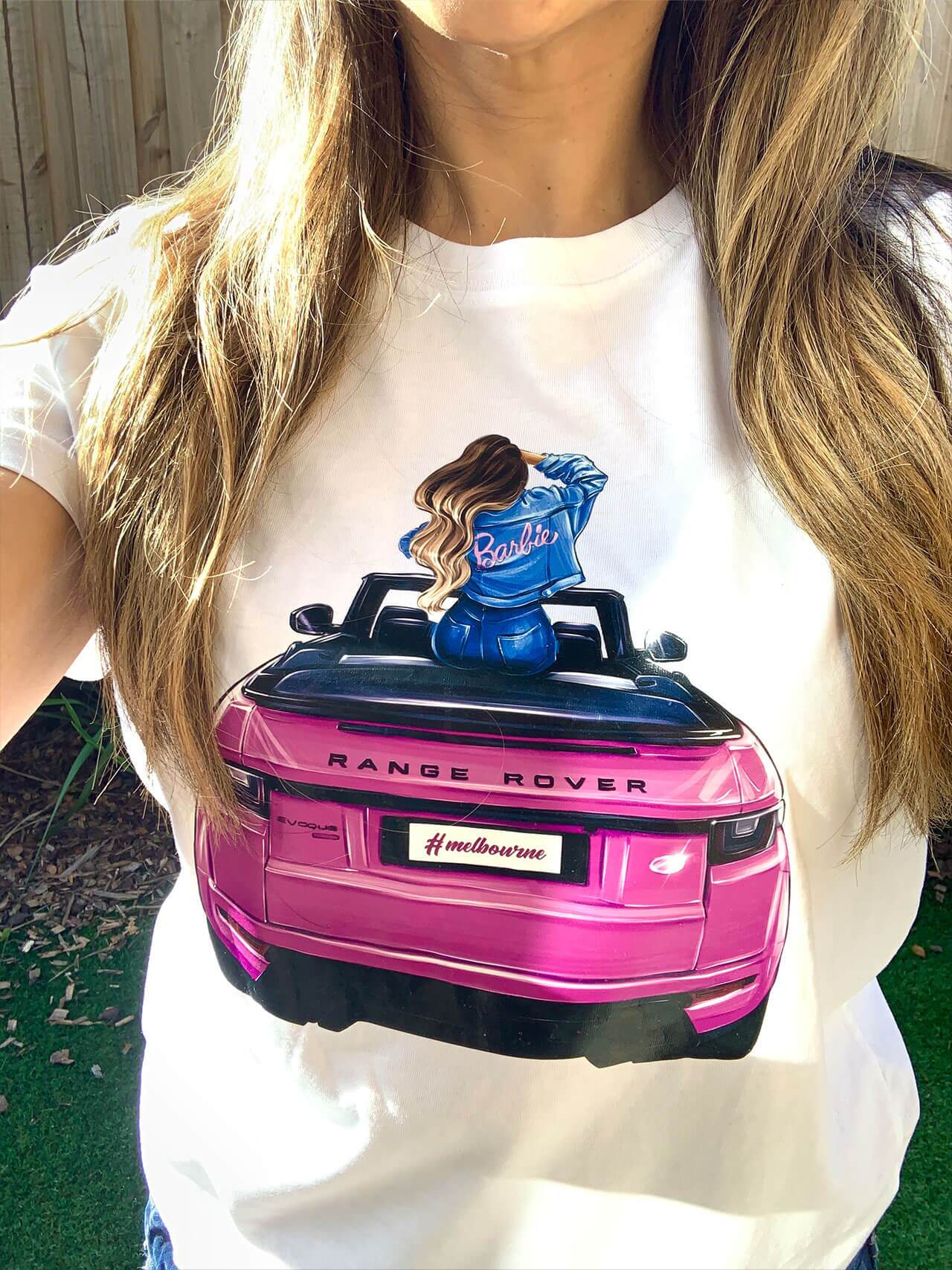 Range Rover Barbie digital heat transfer on t-shirt